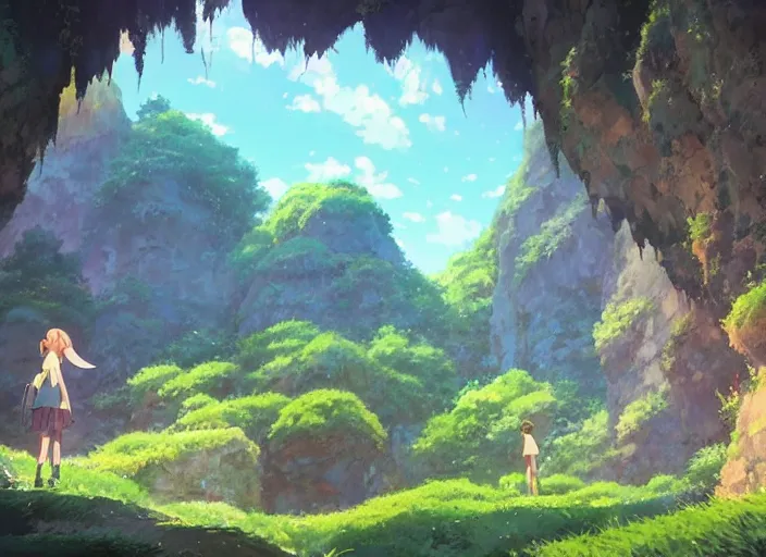 Image similar to A entrance into a magical cavern, wide shot, peaceful and serene, incredible perspective, soft warm lighting, anime scenery by Makoto Shinkai and studio ghibli, very detailed