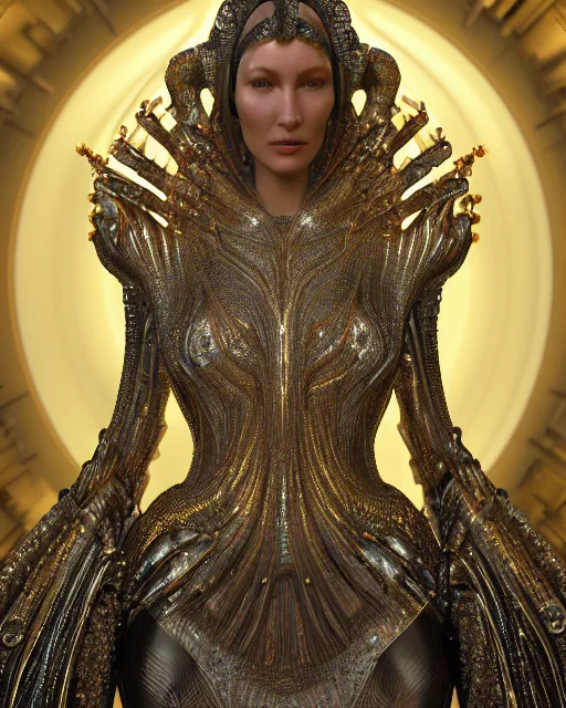 Prompt: a highly detailed metahuman 4 k close up render of an alien goddess bella hadid monument surasundari in iris van herpen dress schiaparelli in diamonds crystals swarovski and jewelry iridescent in style of alphonse mucha gustav klimt trending on artstation made in unreal engine 4