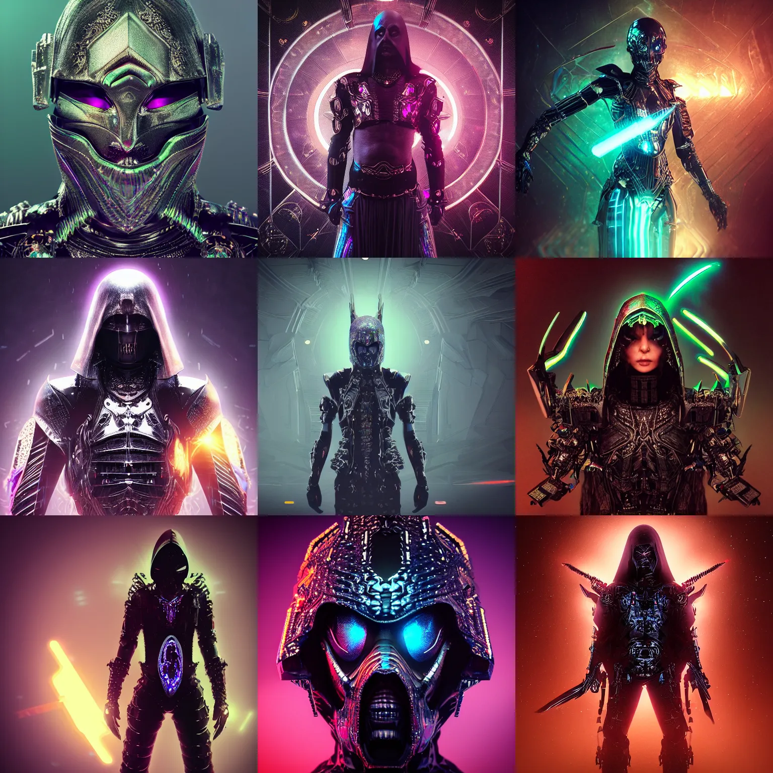 Prompt: “Highly detailed portrait of a powerful dark assassin entity wearing iridescent shimmering cosmic gothic ninja armor made of circuitry (Epic scene, rich atmosphere, octane render, 8K)”