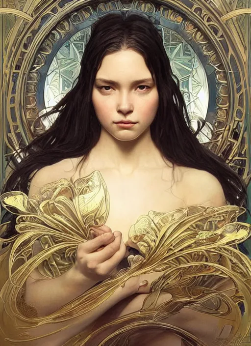 Image similar to portrait of a stunningly beautiful water drop, highly detailed, 3 5 mm photo, artstation, concept art, sharp focus, 2 8 mm macro photo, art by artgerm and greg rutkowski and alphonse mucha, incredibly beautiful and symmetrical, incredibly detailed, award winning art, royal