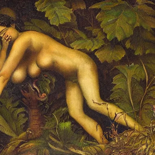 Prompt: A woman crawling out of the vegetation from which she has just emerged. Classic painting.