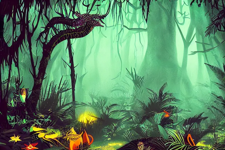 Image similar to high contrast digital art of a surreal dark jungle, mysterious crazy world, talking creatures, night, fireflies, surreal colors