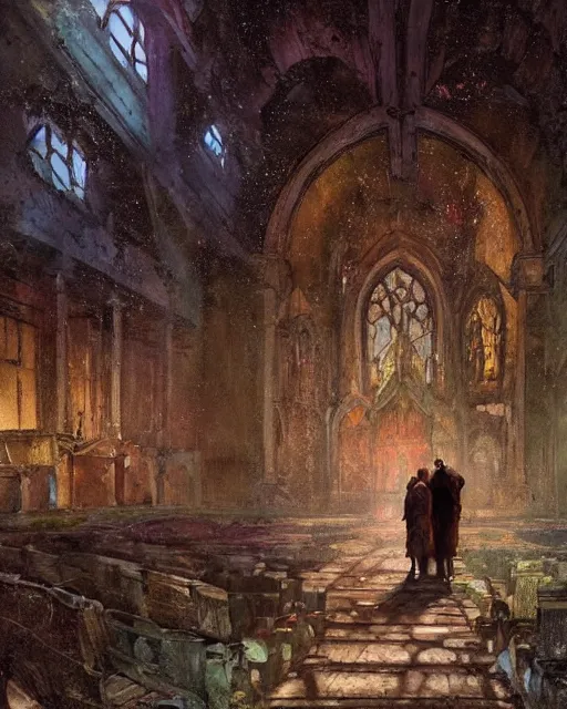 Prompt: a highly detailed epic cinematic concept art CG render digital painting artwork: old dead couple at a decayed church altar surrounded by dark figures. triadic color scheme, By Greg Rutkowski, in the style of Francis Bacon and Syd Mead and Edward Hopper and Norman Rockwell and Beksinski, open ceiling, highly detailed, painted by Francis Bacon, painted by James Gilleard, surrealism, airbrush, Ilya Kuvshinov, WLOP, Stanley Artgerm, very coherent, art by Takato Yamamoto and James Jean