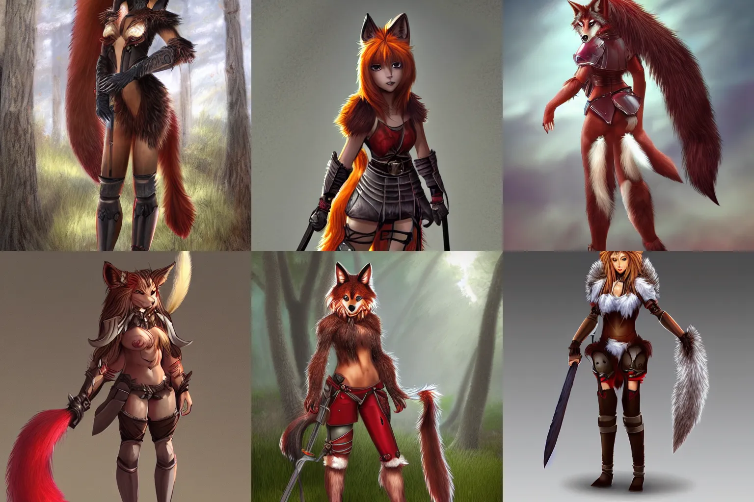 Prompt: anthro female red wolf with fluffy tail in armor, fantasy, pleasant