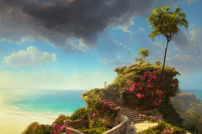 Image similar to lovely villa sits atop a broad cliff, overlooking the entirety of the blue sky, digital painting by greg rutkowski and gaston bussiere, zbrush, cgsociety contest winner, comprehensive art, intricate, landscape photography, brightly radiant atmosphere, overcast sky, homogeneous to hawaii, 4 k, 8 k