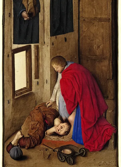 Prompt: Unconscious 10 years old boy dressed in some rags curled up into a ball, he clung to the side of the wagon, medieval painting by Jan van Eyck, Florence