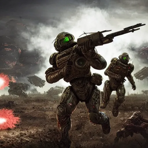 Image similar to hyper realism, surrealism, realistic apocalyptic war scene, explosions, science - fiction soldiers running with armour like doom slayer in the middle of explosions and bullets, view from far away,