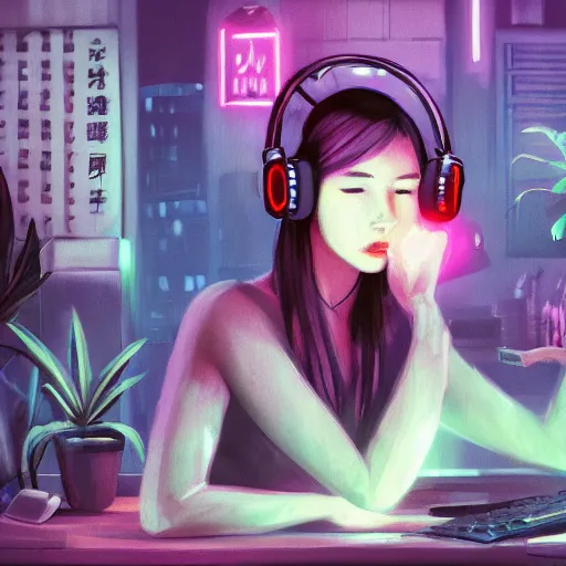 Prompt: a woman wearing a headphone sitting in front of her computer on a cold rainy day, night in a bedroom full of plants and neon light, cyberpunk, scifi, concept art, highly detailed, artstation, concept art, smooth.sharp focus, digital art, art by yuumei