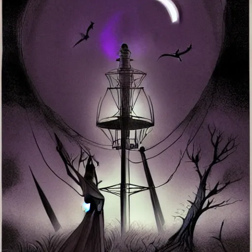 Image similar to abigail larson, don bluth, artgerm, purple color pallete, welcome to night vale, radio tower with black hole above it, helicopter, spooky strange weird quirky, cartoon, 2 d, chiral lighting