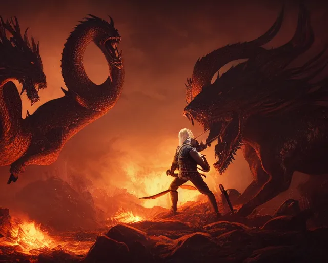 Prompt: 5 5 mm portrait photo of geralt fighting a 5 headed hydra with igni aign. magical atmosphere. art by greg rutkowski. highly detailed 8 k. intricate. lifelike. soft light. nikon d 8 5 0.