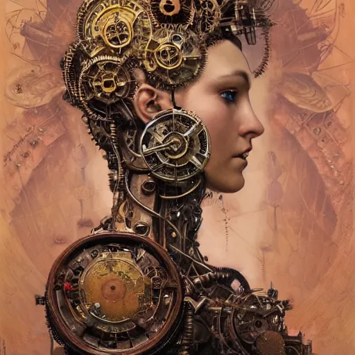 Prompt: A steampunk beautiful goddess, she half human and half robot, she is embellished with gears wheels and gemstones, by William Holman Hunt, Greg Rutkowski, Stanely Artgerm, Tooth Wu, Peter Gric, Aaron Horkey, trending on Artstation, digital art, mythological, symmetrical artwork, cinematic lighting, hyper realism, high detail, octane render, ultra realistic, golden ratio, 4k, 8k