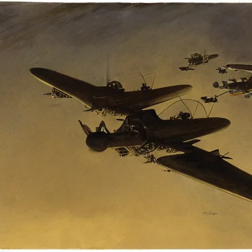 Prompt: flying machines at war, odd lighting matte oil painting by di fate and alan lee and goya