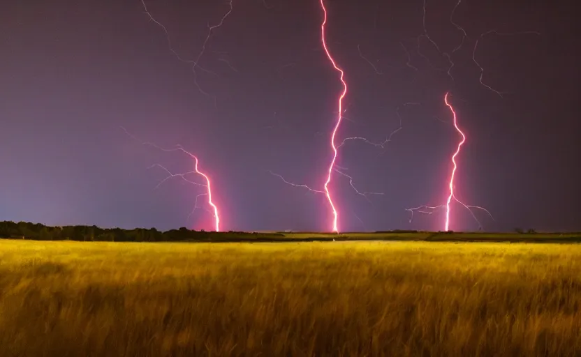 Prompt: red lightning bolts shoot from the ground, night, field, fire is visible on the horizon