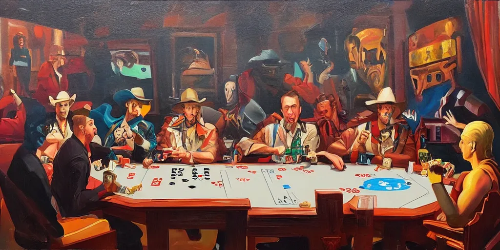 Prompt: The gods of pop culture playing poker theme western meets sci-fi, oil paint on canvas, art deco era