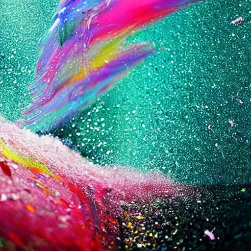 Image similar to glitter and painting mixing underwater turbulence, macro-photography, slow-motion capture