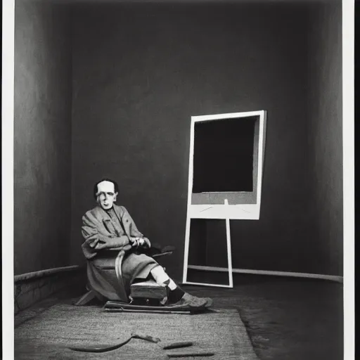 Prompt: underexposed photo of Marcel Duchamp in a room full with an ancient machine, tri-x, Irving Penn, Jeff Wall, archival pigment print, contemporary art