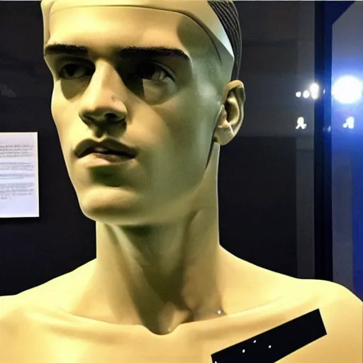 Image similar to “ a realistic detailed photo of a guy who is an attractive humanoid who is half robot and half humanoid, who is a male android, soccer player antoine griezmann, shiny skin, posing like a statue, blank stare, at the museum, on display ”