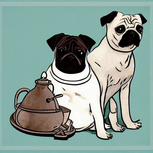 Prompt: a white pug and a little black pug sit in front of a dish full of bones, white background, digital art, beatrix potter illustration style.