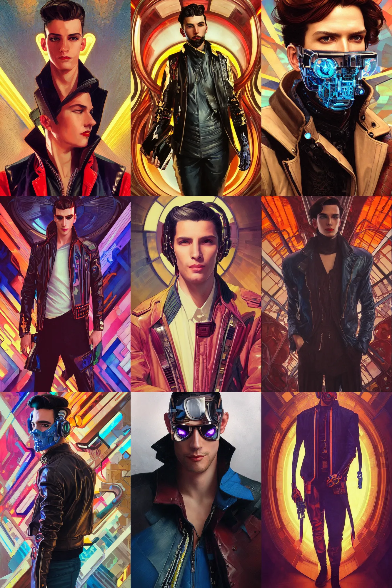 Prompt: portrait of a cyberpunk art deco guy wearing a stylish bright leather bomber jacket, sci-fi, fantasy, intricate, elegant, highly detailed, digital painting, artstation, smooth, sharp focus, illustration, art by artgerm and greg rutkowski and alphonse mucha and syd mead and tamara de lempicka and MICHELANGELO yo