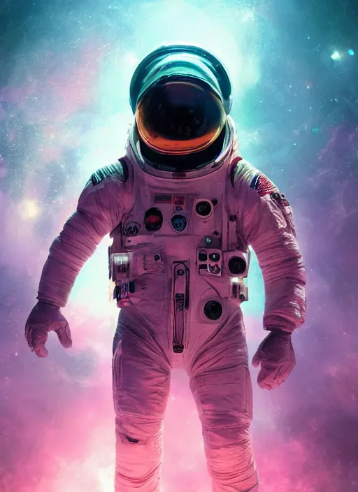 Image similar to complex poster by craig mullins astronaut in futuristic dark and empty spaceship underwater. infrared glowing lights. complex and hyperdetailed technical pink suit. reflection and dispersion materials. rays and dispersion of light. volumetric light. 5 0 mm, f / 3 2. noise film photo. lens flare. flash photography. unreal engine 4, octane render. interstellar movie art