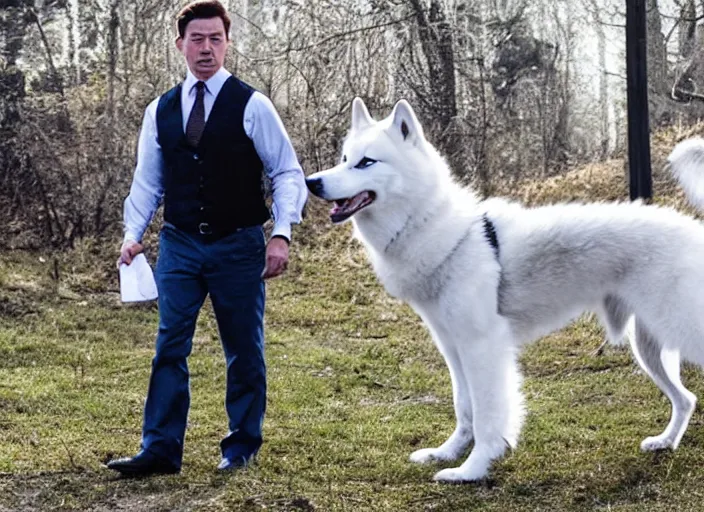 Prompt: film still of an anthropomorphic standing upright man dog white vested husky!!!!!! in a white vest wearing a white vest!!!!! in the new sci - fi movie, 8 k