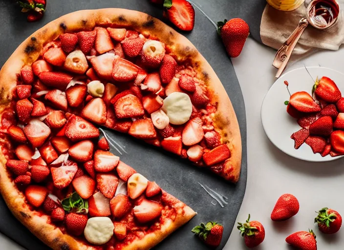 Image similar to A delicious plate of a big pizza with strawberries on, extra cheese, close up food photography, studio lighting, Sigma 35mm f/1.4