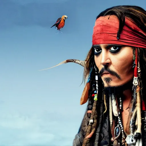 Image similar to johnny depp as jack sparrow has a parrot on his shoulder, realistic portrait, 8k resolution, hyper detailed, studio lighting, cinematic