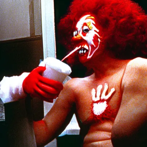 Image similar to ronald mcdonald putting the lotion on its skin or else it gets the hose again, horror, vhs quality, realistic, dutch angle