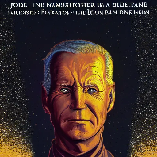 Prompt: book cover god emperer of dune by frank herbert with the face of joe biden on sandworm, cover art style