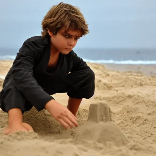 Image similar to Anakin Skywalker building a sandcastle