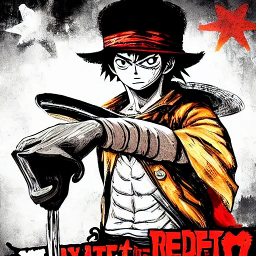 Prompt: Luffy the Pirate in the style of Red Dead Redemption 2 cover art