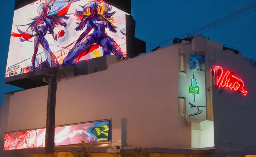 Image similar to night lighting billboard advertisement with an extremely beautiful photo of a white marble statue of an anime girl with colorful motocross logos and motorcycle helmet with closed visor, colorful smoke in the background, carved marble statue, fine art, neon genesis evangelion, virgil abloh, offwhite, denoise, highly detailed, 8 k, hyperreal