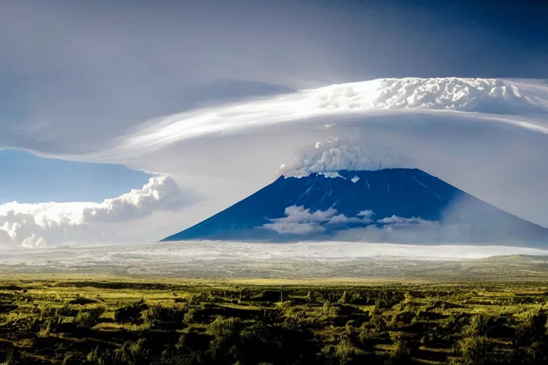 Image similar to peaceful sunny landscape with burning volcano in center and heavy thunderstorm above it by balaksas