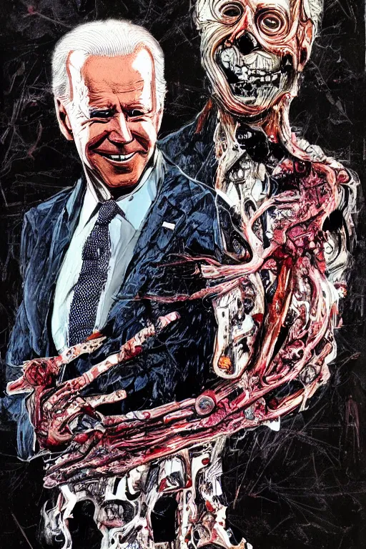 Prompt: Joe Biden full body shot, Body horror, biopunk, by Ralph Steadman, Francis Bacon, Hunter S Thompson