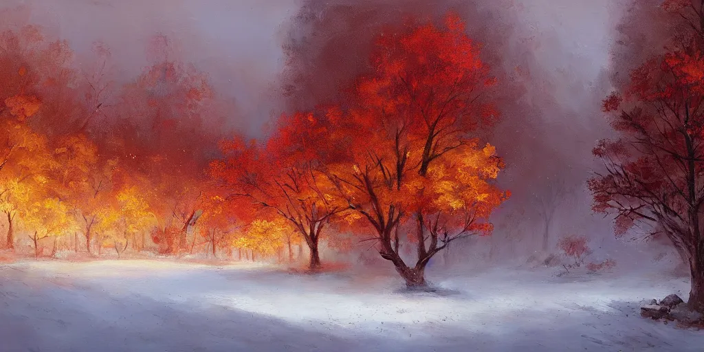 Prompt: A beautiful oil painting of a valley covered in snow, trees with red and orange leaves, yellow lighting, gloomy, atmospheric lighting, detailed, by greg rutkowski, trending on artstation