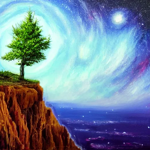 Image similar to a tree on edge of cliff, overlooking space abyss, small tree, cliff edge, looking down, painting, highly detailed, artstation award, milky way galaxy below, edge of the world, ultra realistic, colorful