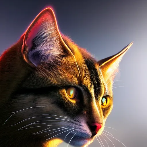 Prompt: Photorealistic warrior cat. Hyperdetailed photorealism, 108 megapixels, amazing depth, glowing rich colors, powerful imagery, psychedelic Overtones, 3D finalrender, 3d shading, cinematic lighting, artstation concept art