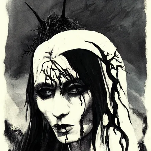 Prompt: portrait of a scandinavian holy undead witch female with animal horns, satanic kvlt by peder balke by peder balke by greg rutkowski, by guido crepax by norman bluhm mystic high contrast monochromatic noir