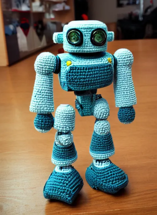 Image similar to a crochet mecha robot, very detailed, Sigma 30 mm f/1.4