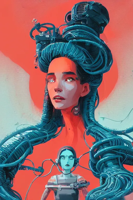 Prompt: highly detailed portrait of sci - fi long curly blue haired lady, stray wiring by atey ghailan, james gilleard, by joe fenton, by greg rutkowski, by greg tocchini, by kaethe butcher, 4 k resolution, gradient red, orange, black and white color scheme!!! ( ( nebula dystopian city spiral background ) )