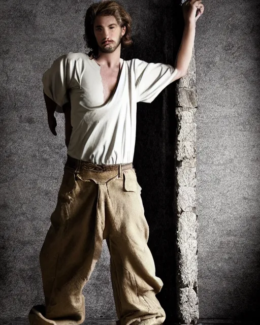 Prompt: an award - winning photo of an ancient male model wearing a boot cut flared distressed medieval designer menswear trousers designed by kapital, 4 k, studio lighting, wide angle lens, 2 0 0 4