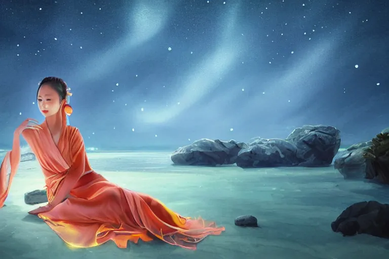 Image similar to beautiful Wizard Korean Goddess wearing chic dress relaxing at the Sea Of Stars of Vaadhoo Island Maldives, Bioluminescent sea plankton that shines bright blue during the night makes the sea area, glowing water, intricate, elegant, luxurious, digital painting, concept art, smooth, sharp focus, from Star Trek 2021, illustration, by WLOP and Ruan Jia and Mandy Jurgens and William-Adolphe Bouguereau, Artgerm