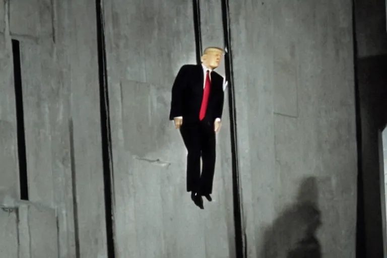 Prompt: donald trump as a spy hanging from a ceiling, breaking in, mission impossible photograph, tv show, cinematic