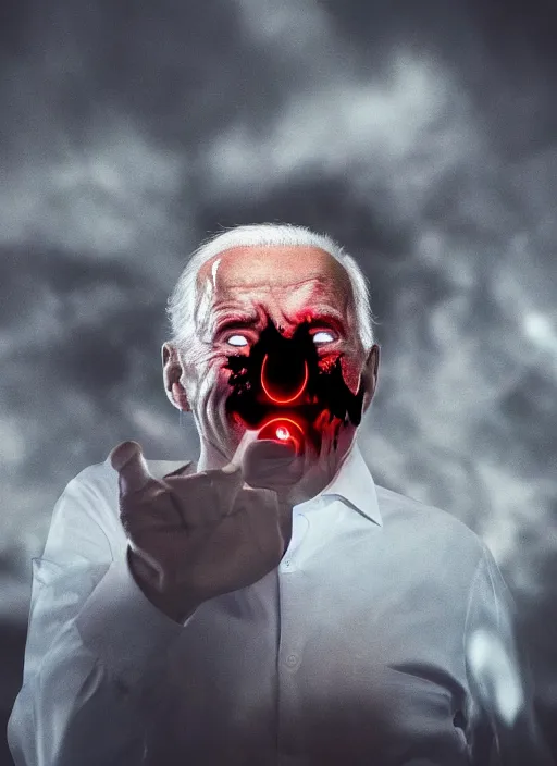 Image similar to hyper realistic ultra realistic horror terror dimensional photo furious glowing red eyes biden, high quality photo, detailed , 8k