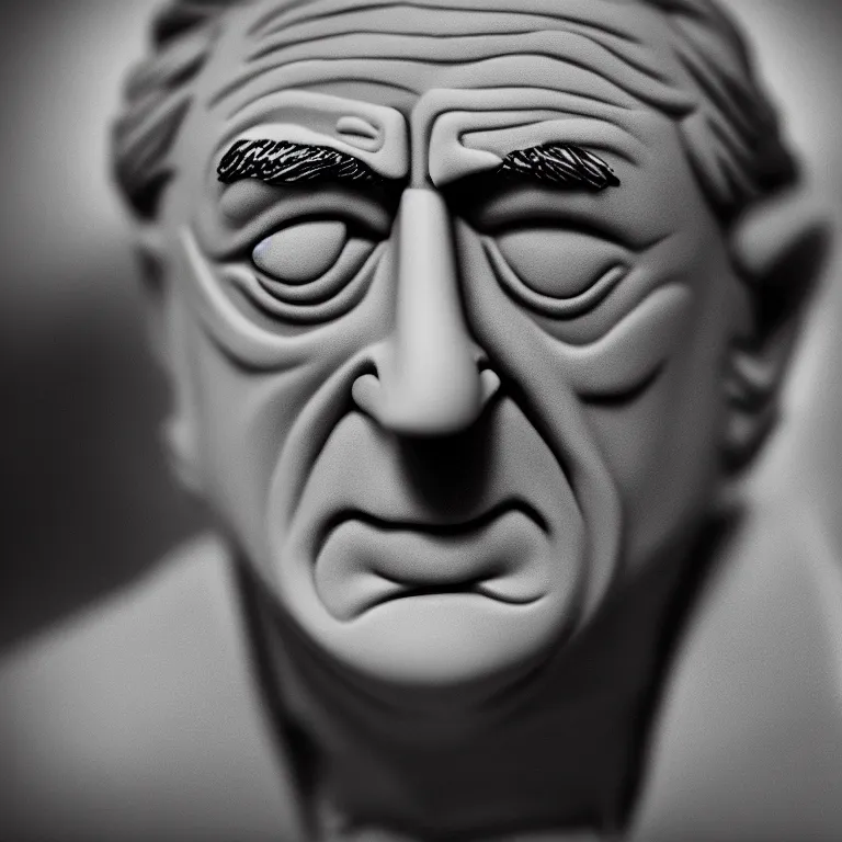 Image similar to a cinematic film still of a claymation stop motion film starring robert de niro, portrait, shallow depth of field, 8 0 mm, f 1. 8