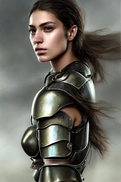 Image similar to a photorealistic painted portrait of an attractive young girl, partially clothed in dull metal-plated battle armor, olive skin, long dark hair, flawless skin, beautiful bone structure, symmetric facial features, perfect photorealistic eyes, natural physique, intricate, elegant, digital painting, concept art, finely detailed, beautifully illustrated, sharp focus, minimal artifacts, from Metal Gear, by Ruan Jia and Mandy Jurgens and Artgerm, in the style of Greg Rutkowski, trending on Artstation, award winning art