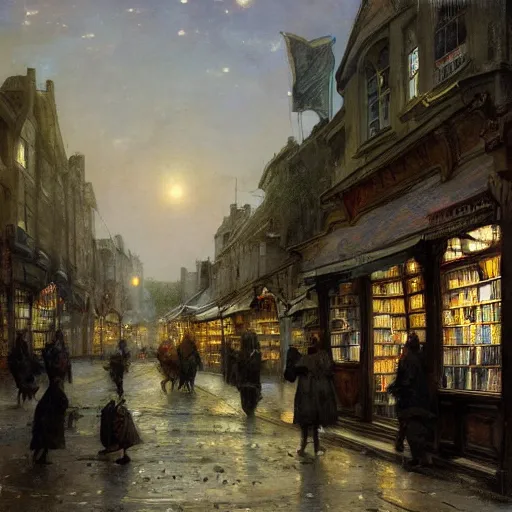 Image similar to jean-Baptiste Monge and Solomon Joseph Solomon and Richard Schmid and Jeremy Lipking victorian genre painting painting of an english 19th century english bookshop store front on a stone city streat with shops and stores at night with cozy lights