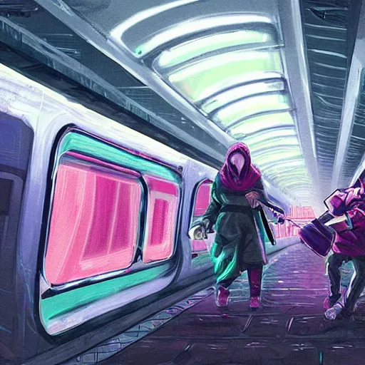 Image similar to fight between grandmas in the train moscow-ryazan, cyberpunk, neon, concept art