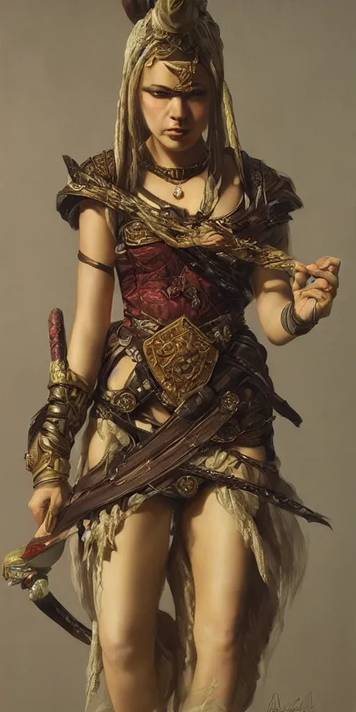 Image similar to the portrait of akali from league of legends in intricate dress by roberto ferri, fantasy, witcher, very detailed oil painting, masterpiece, 8 k