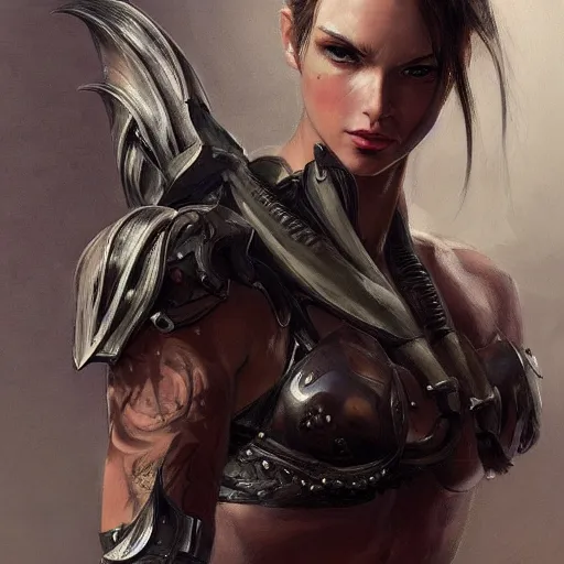 Image similar to tattoo design, a professional painting of a beautiful young female, partially clothed in battle armor, olive skin, long dark hair, beautiful bone structure, upper body, symmetrical facial features, intricate, elegant, digital painting, concept art, smooth, sharp focus, illustration, from Metal Gear, by Ruan Jia and Mandy Jurgens and Greg Rutkowski and Artgerm and William-Adolphe Bouguerea and artgerm